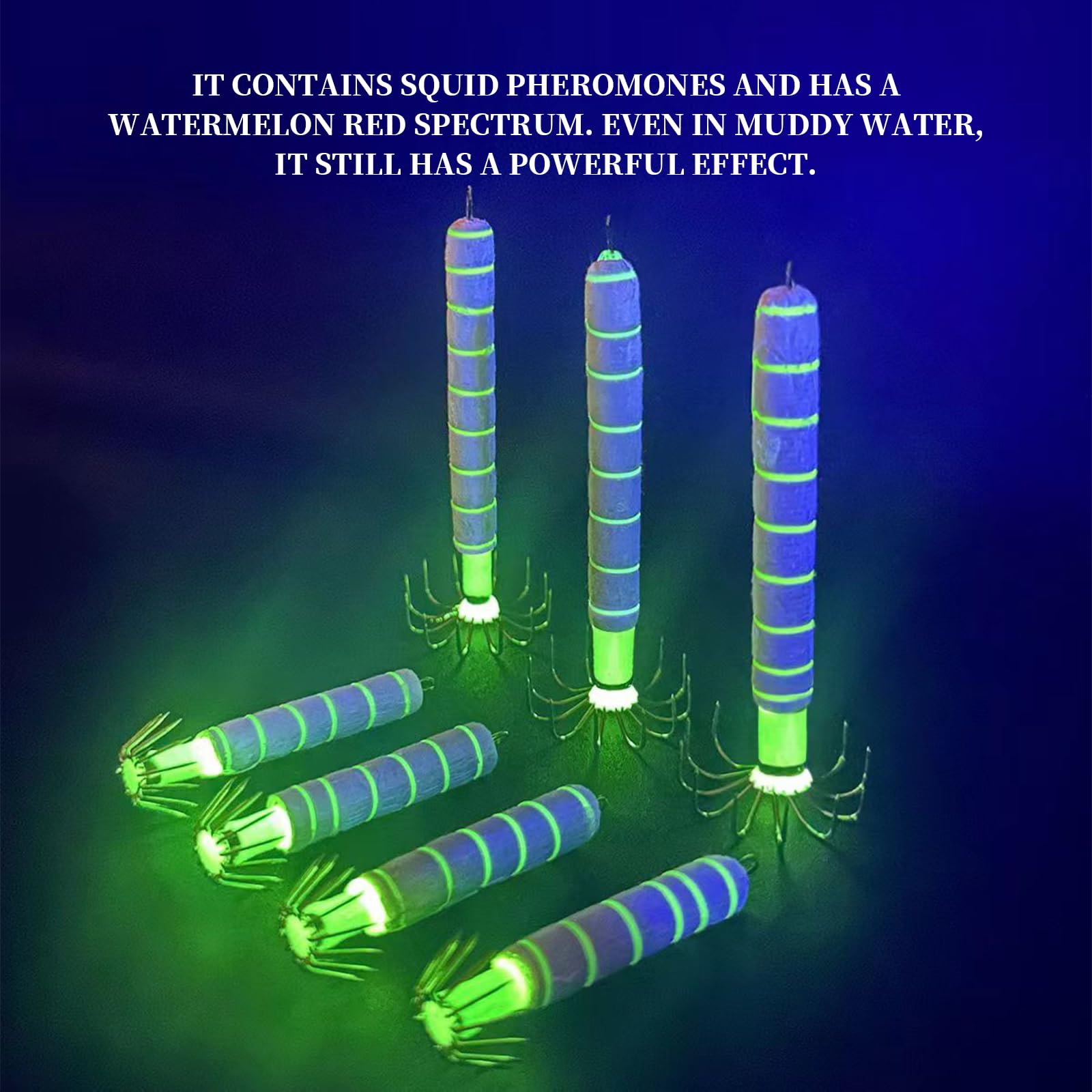 Three fluorescent fishing jigs with cuttlefish sleeve details
