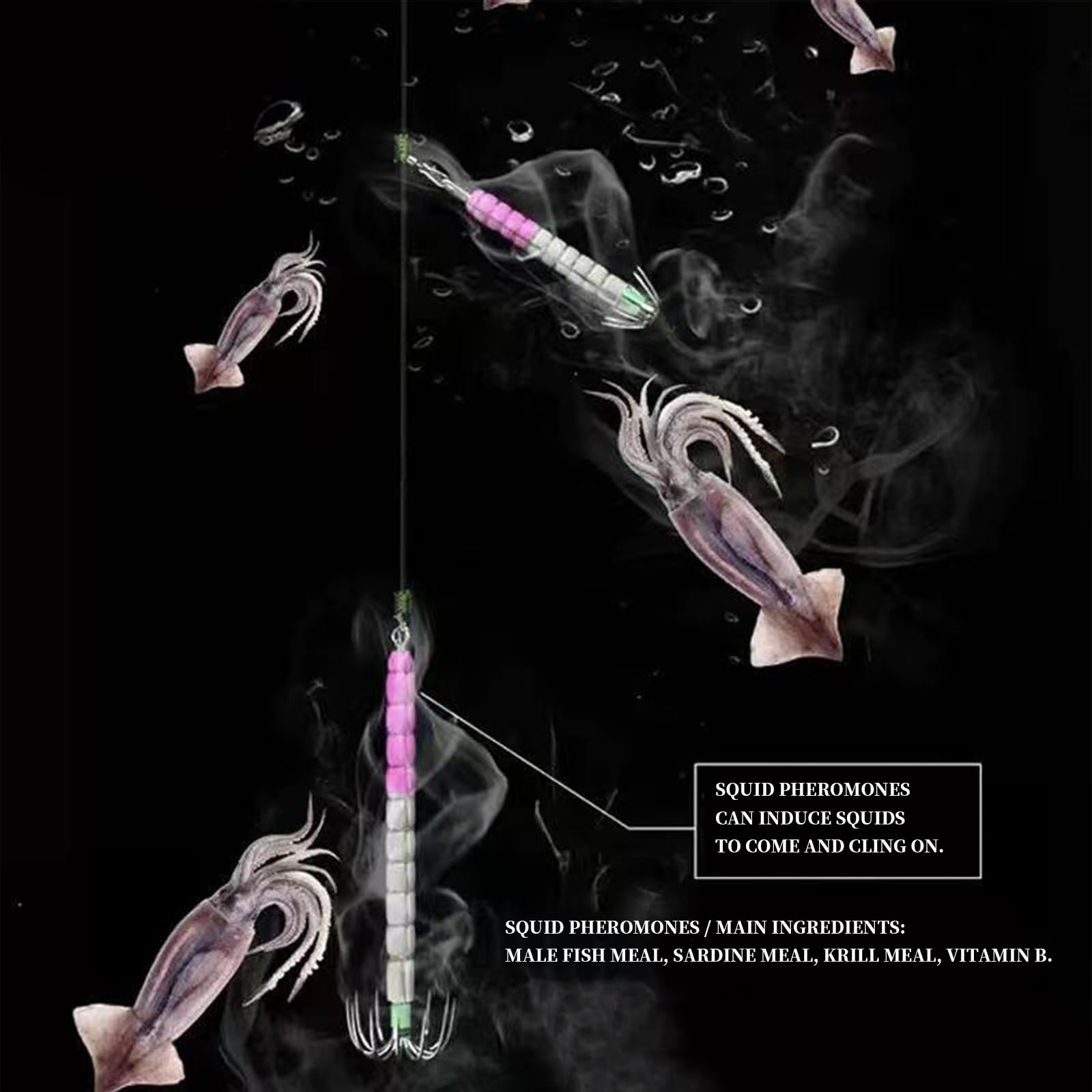 Hand-tied squid jigs showing durable line ties