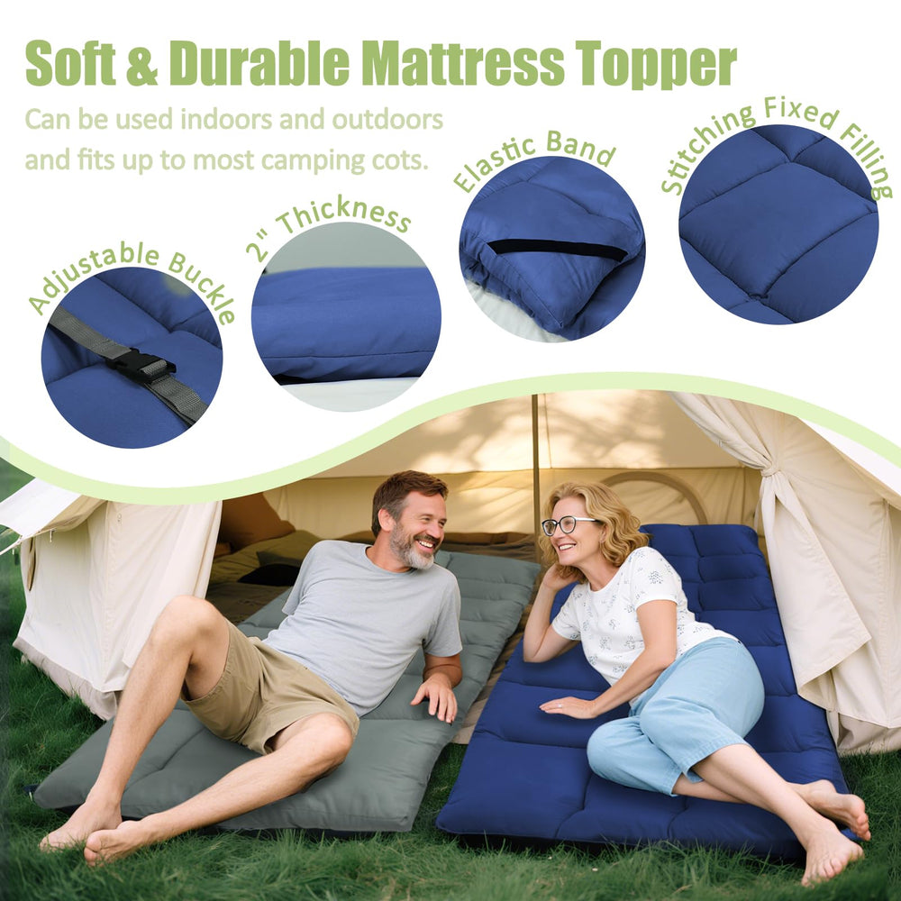 Tuphen cot pad 75x30 blue on cot for added comfort during camping.