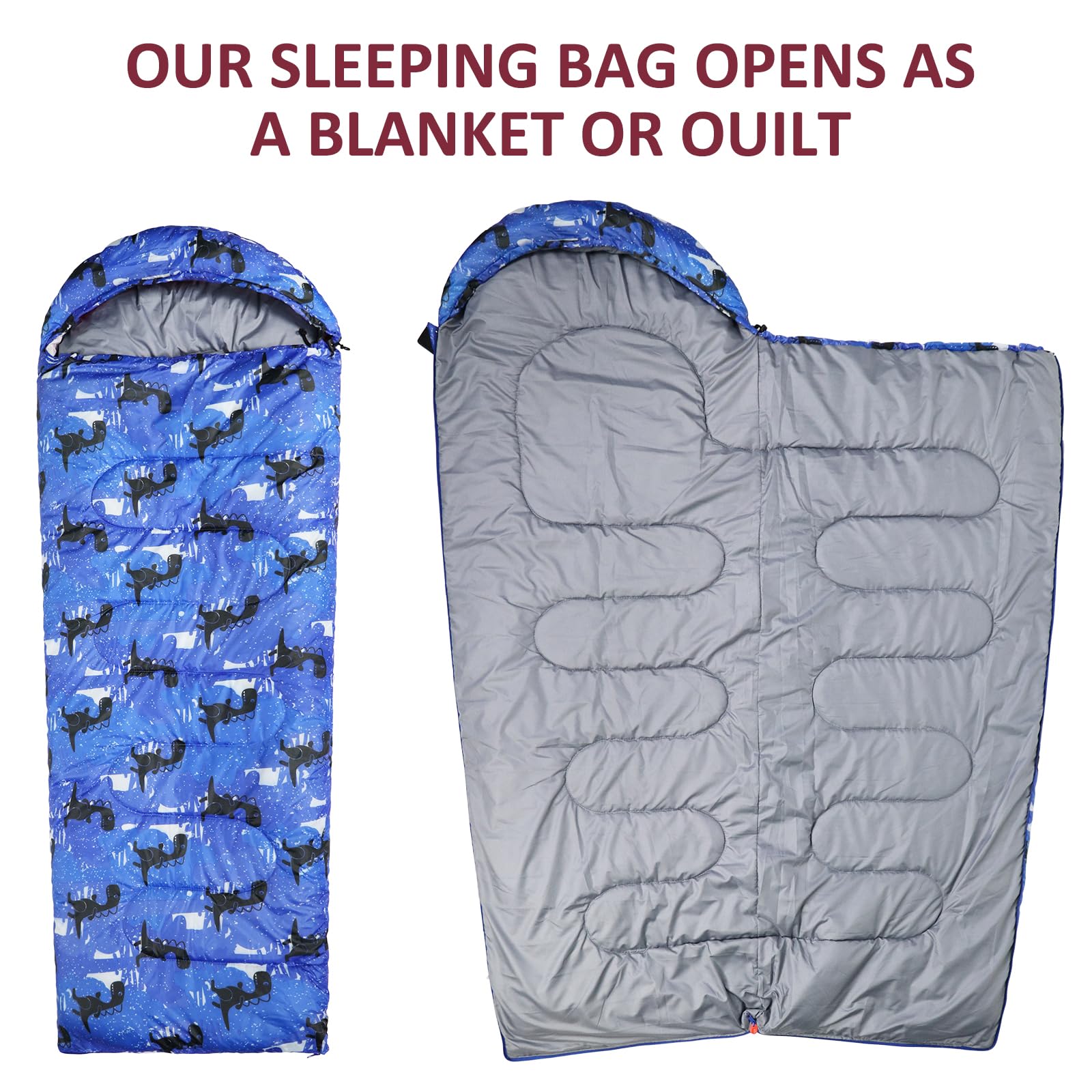 Tuphen kids sleeping bag blue-teen in-use camping scene highlights outdoor-ready practicality