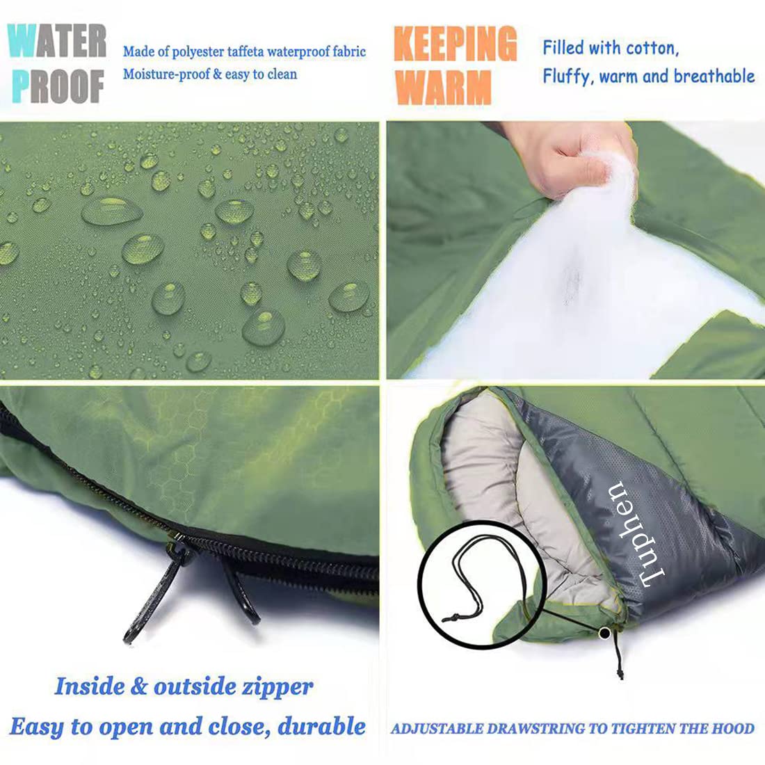 Tuphen sleeping bag with dual zipper design for smooth access.