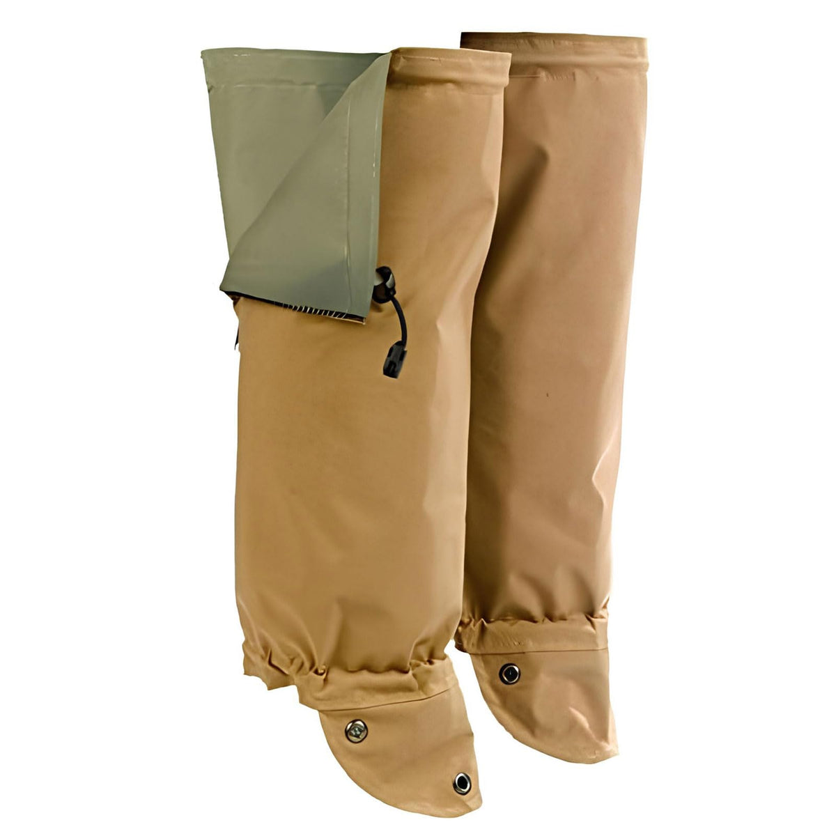 TurtleSkin SnakeArmor gaiters: front view, khaki-sage for durable trail leg protection.