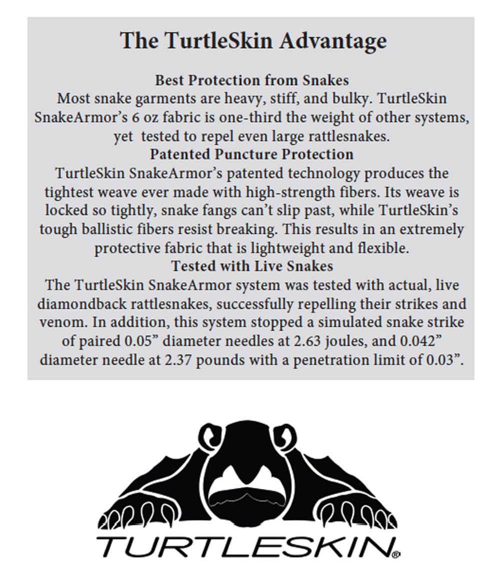TurtleSkin SnakeArmor USA-made gaiters built for rugged outdoor use.