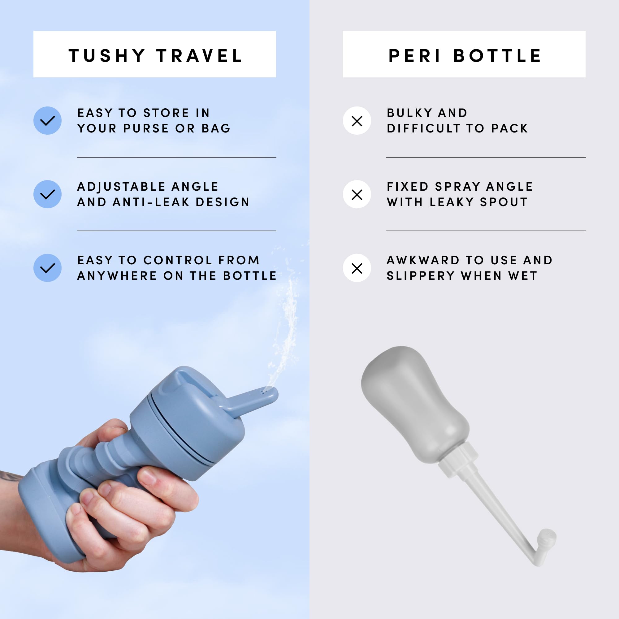TUSHY travel bidet extended bottle shows expandable design for on-the-go cleansing