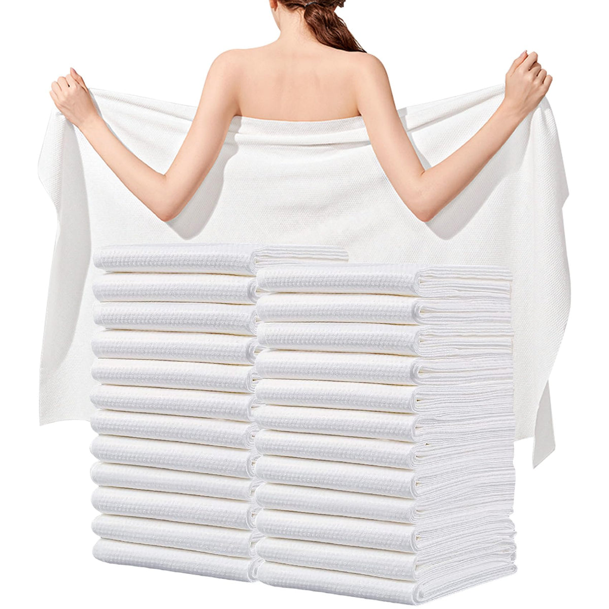 Tvvcalk disposable bath towel 25-pack folded for quick access and travel readiness.