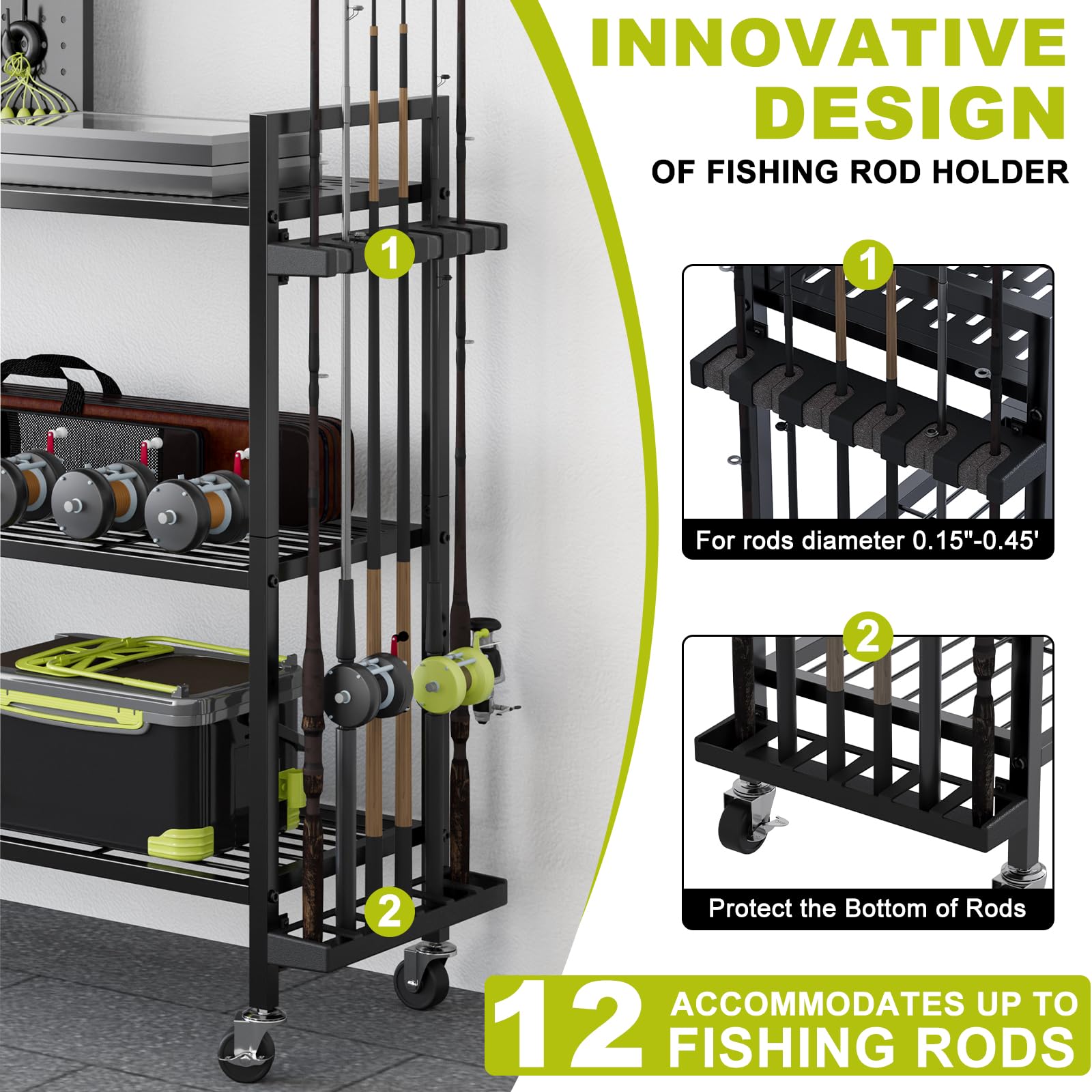 Rack with 12 rod slots for organized rod storage in a garage