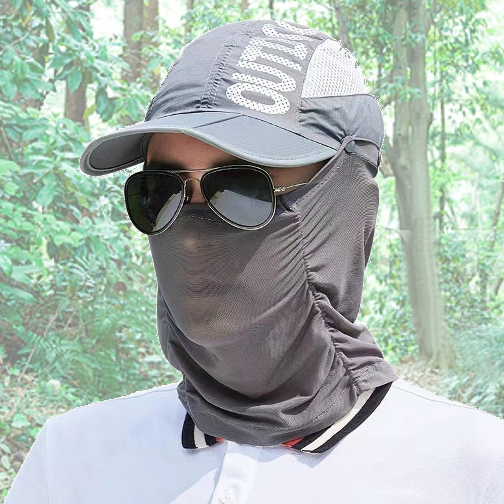 Two KAT neck flap removable face mask demonstrates versatile outdoor protection.