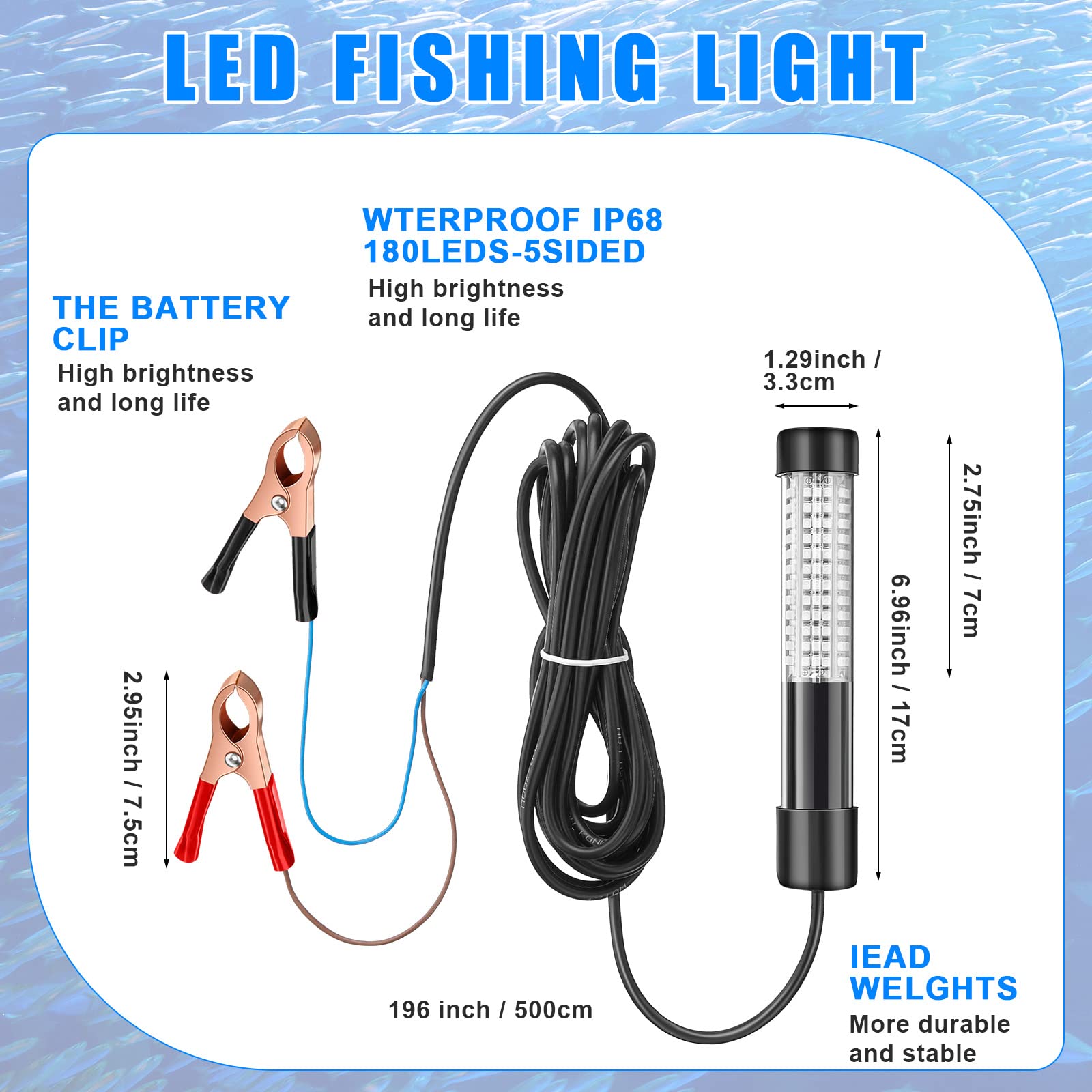 Green submersible LED fishing light showing IP68 rating