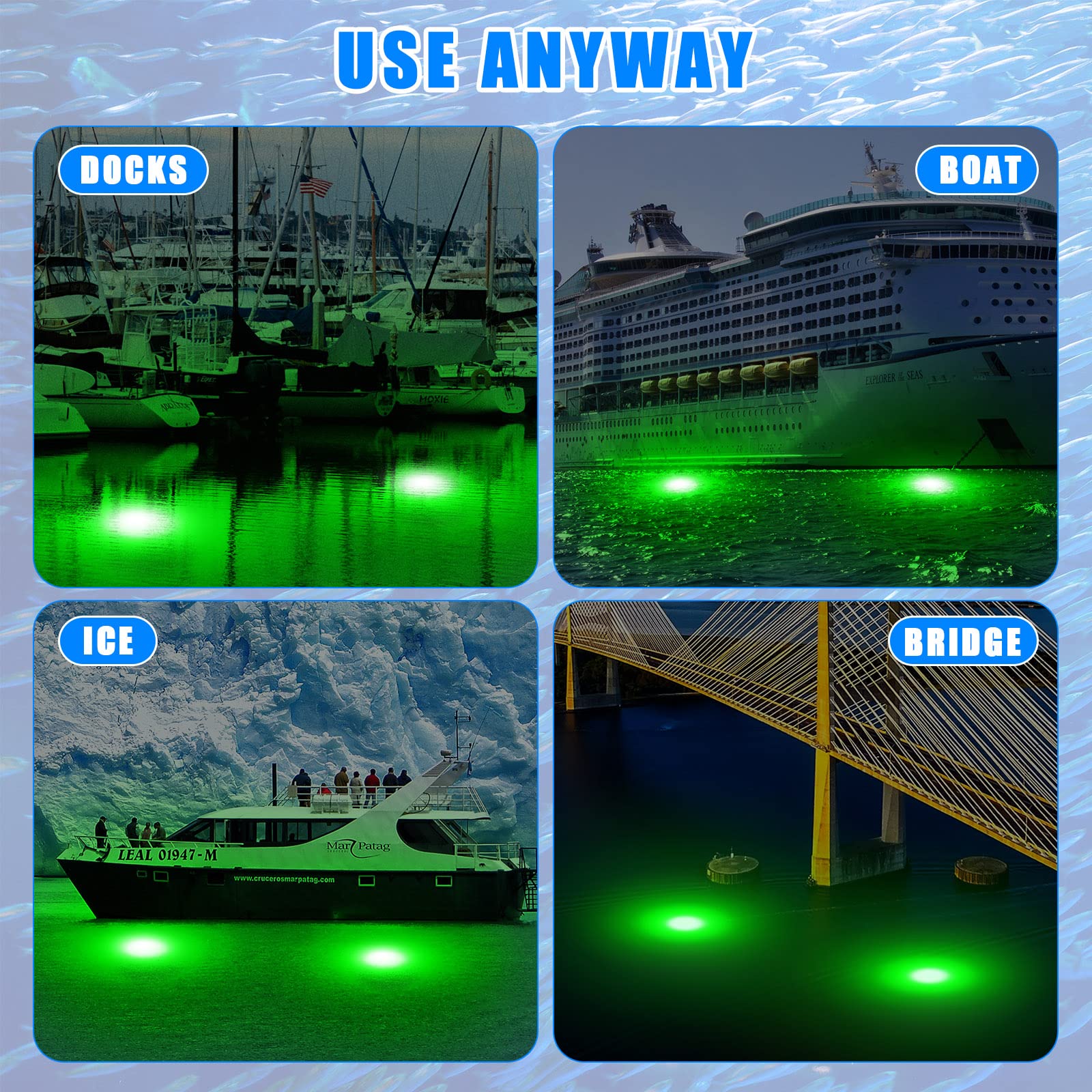 Long-lasting underwater fishing light for freshwater and saltwater