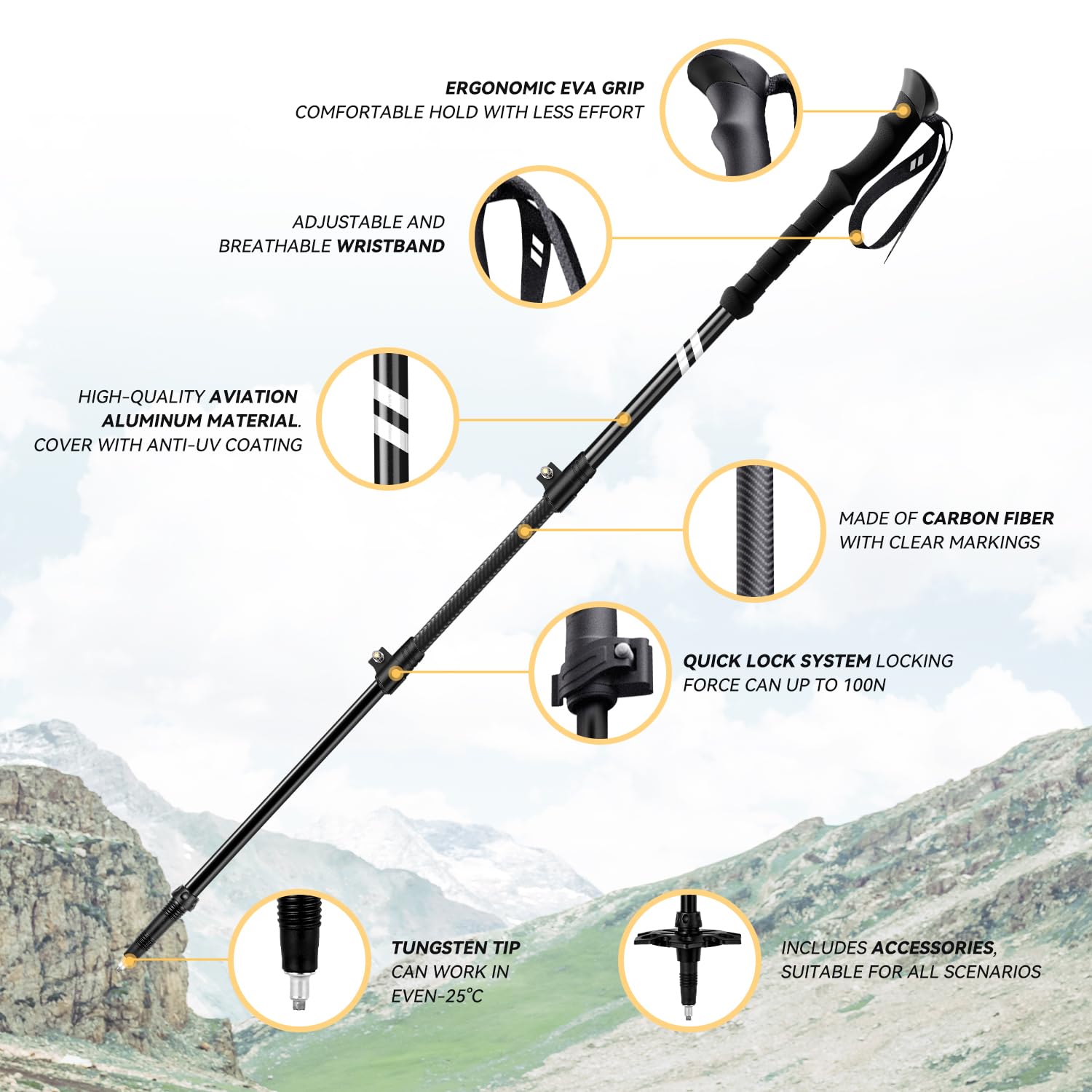 Twsitte collapsible hiking poles in adjustment mode, showcasing quick length changes for versatile terrain