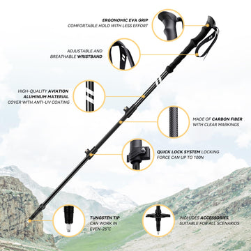 Twsitte collapsible hiking poles in adjustment mode, showcasing quick length changes for versatile terrain