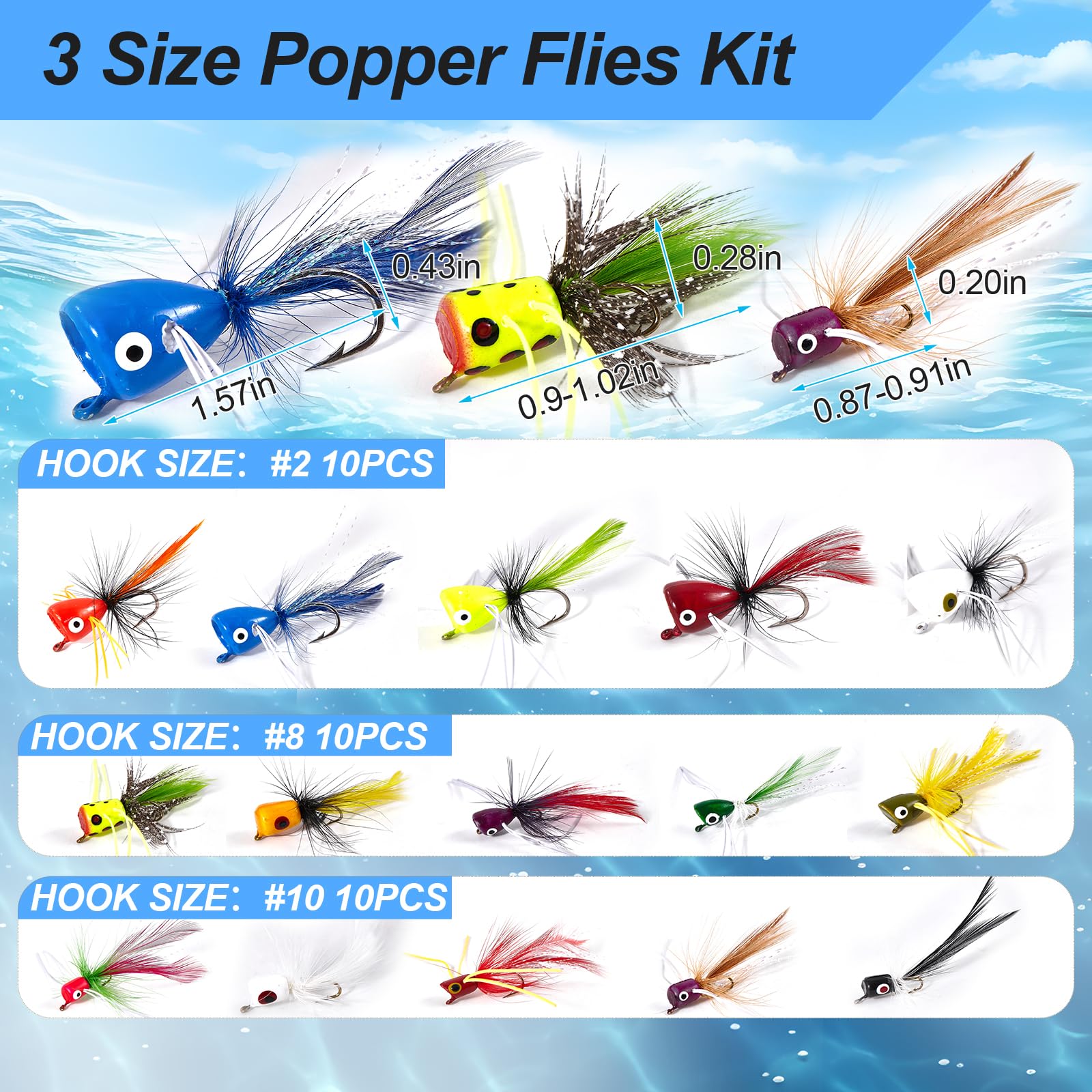 Close-up of hand-tied popper flies with feather detailing and metal hooks