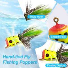 Assorted color popper flies arranged for display