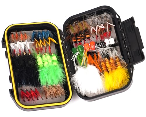 TWUROTI 64-piece fly fishing flies kit with waterproof box and trout/bass focus