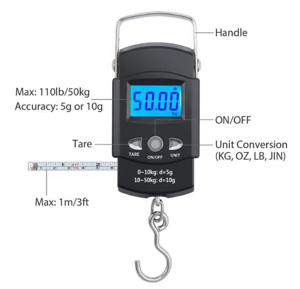 Built-in 1 m tape measure on TXY fishing scale showing CM/FT