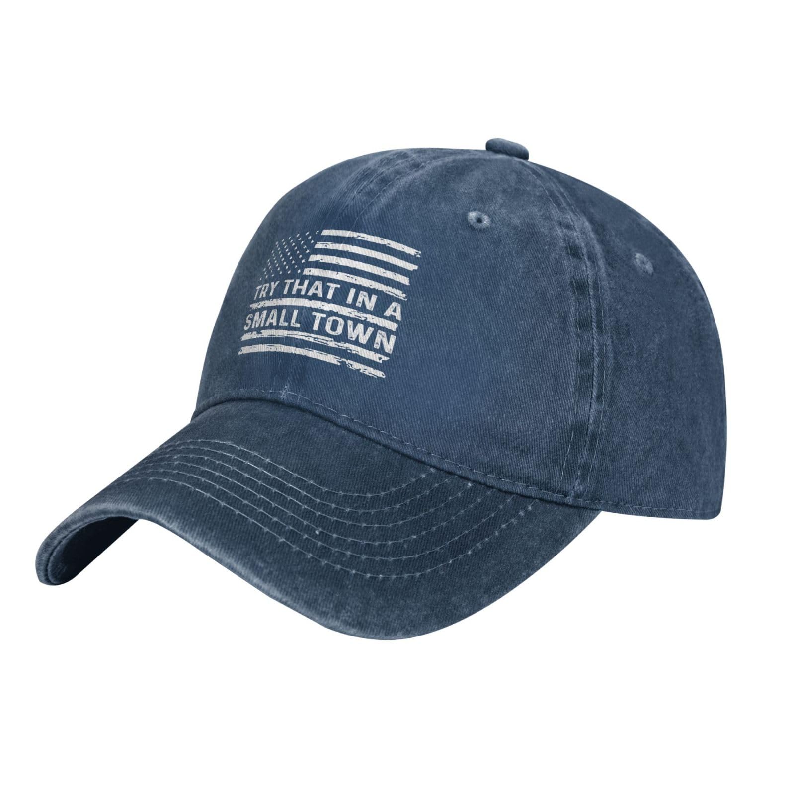 Tywonmy Try That in Small Towns hat navy side view for casual outings