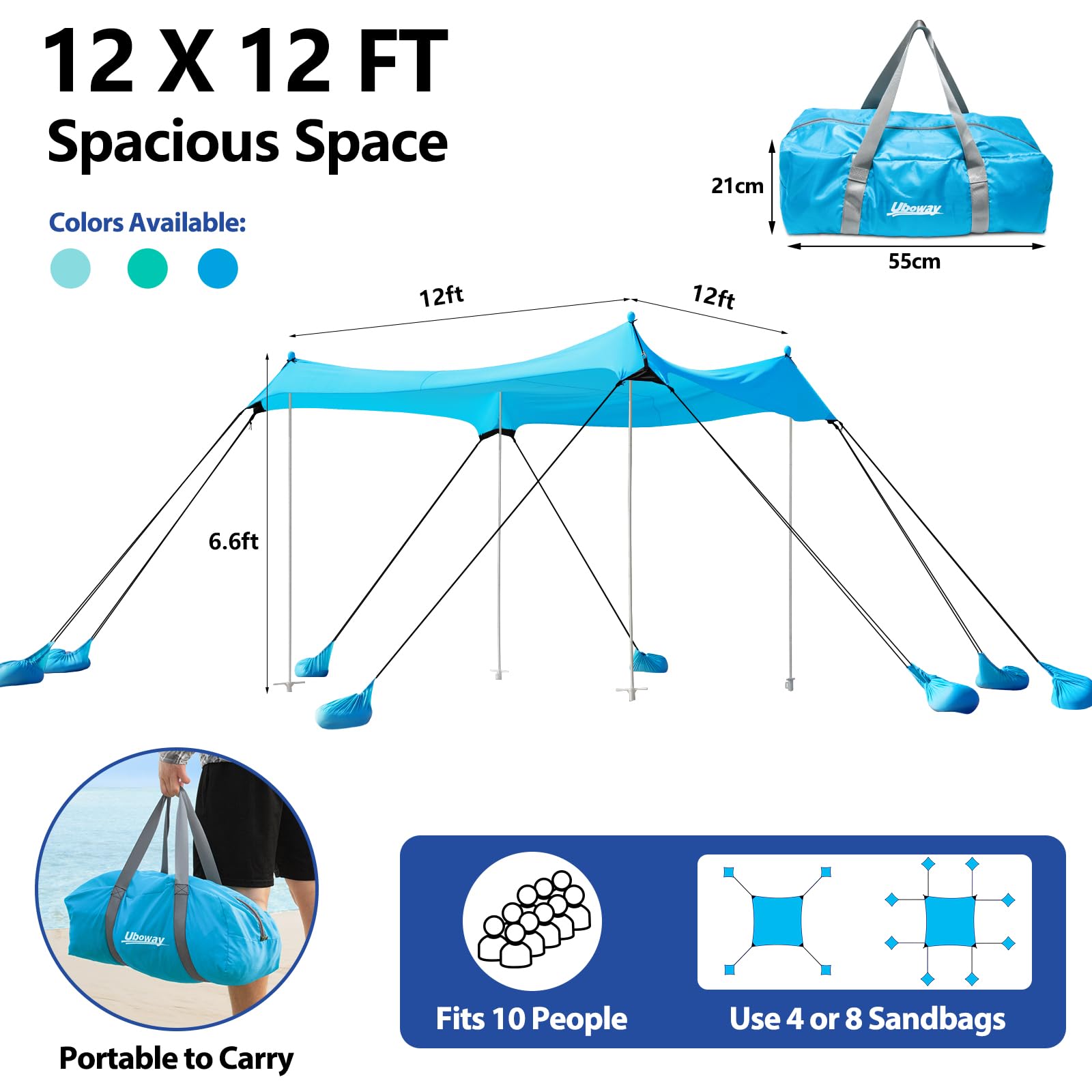 Uboway beach tent 8-sandbags-setup offers stable shade on windy beaches.