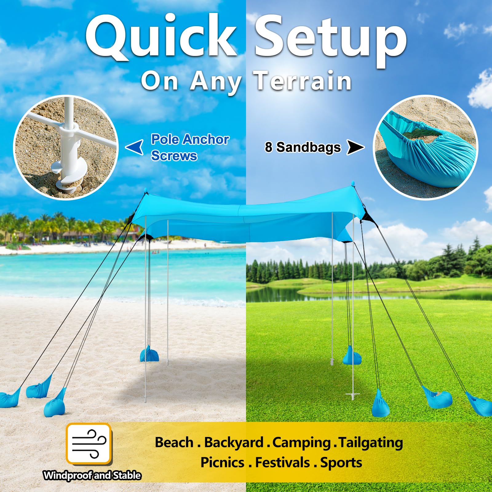 Uboway beach tent-nylon-sandbag-rope reduces wobble for stable outdoor shade.