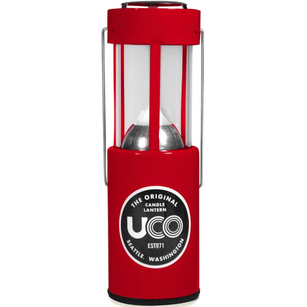 UCO 24351 camping candle lantern red, front view, compact for easy outdoor carrying.