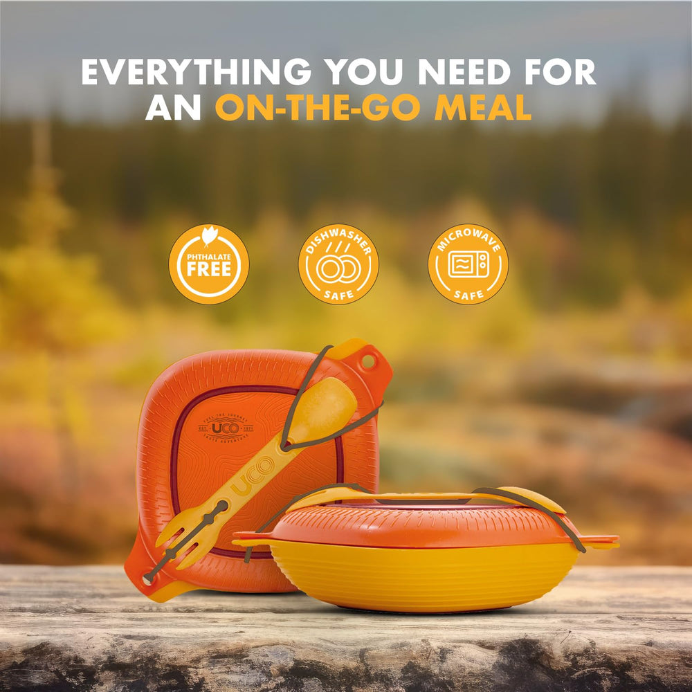 UCO camping mess kit bowl with connected plate for easy transport.