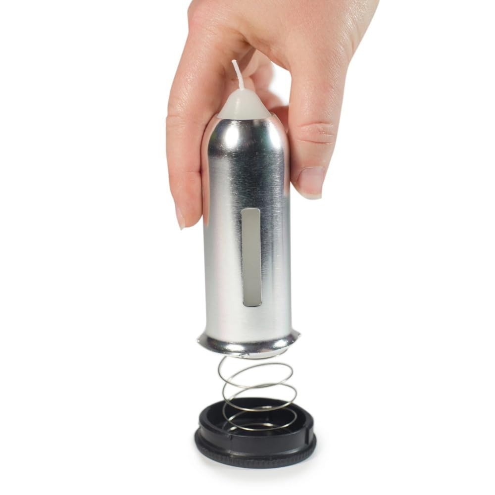 UCO Candle Lantern side view with glass hood and candle for trips