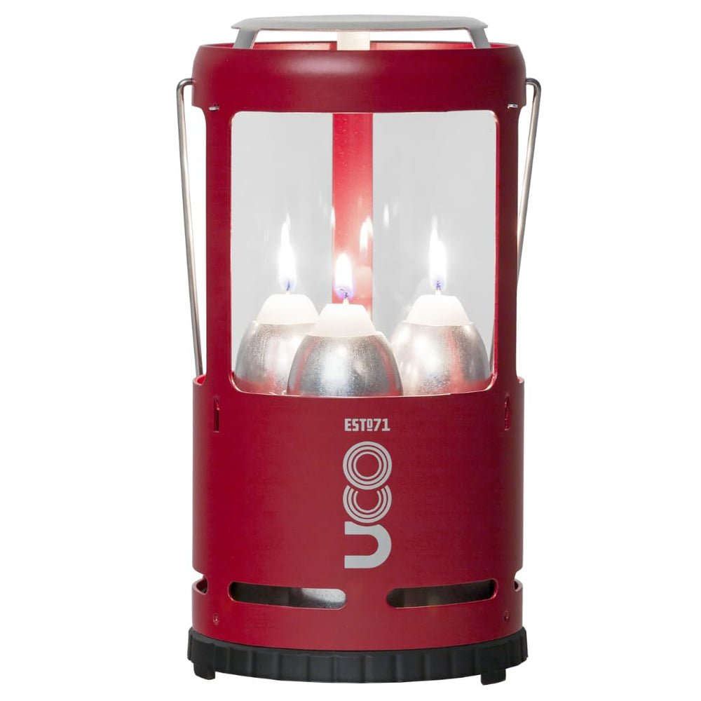 UCO Candlelier lantern front view, rugged aluminum for dependable campsite lighting.