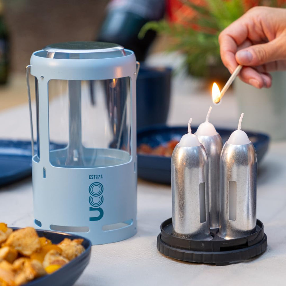Mug or small pot heats on the heat shield of the Candlelier.