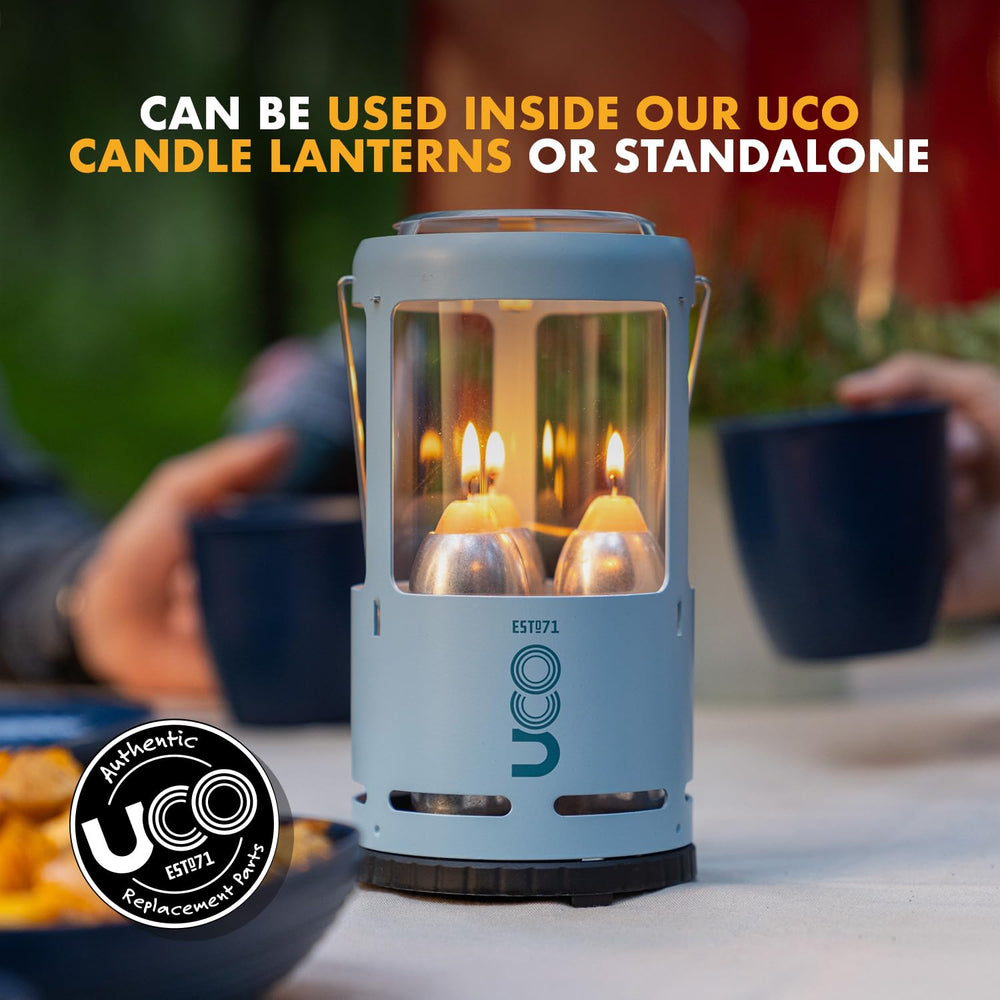 UCO clean-burn candle minimizes drip for indoor and outdoor use.