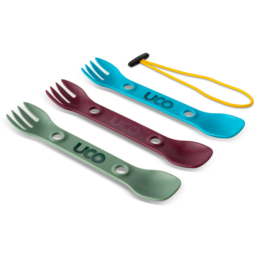 UCO Mini Spork three-pack assembled for compact outdoor meals.