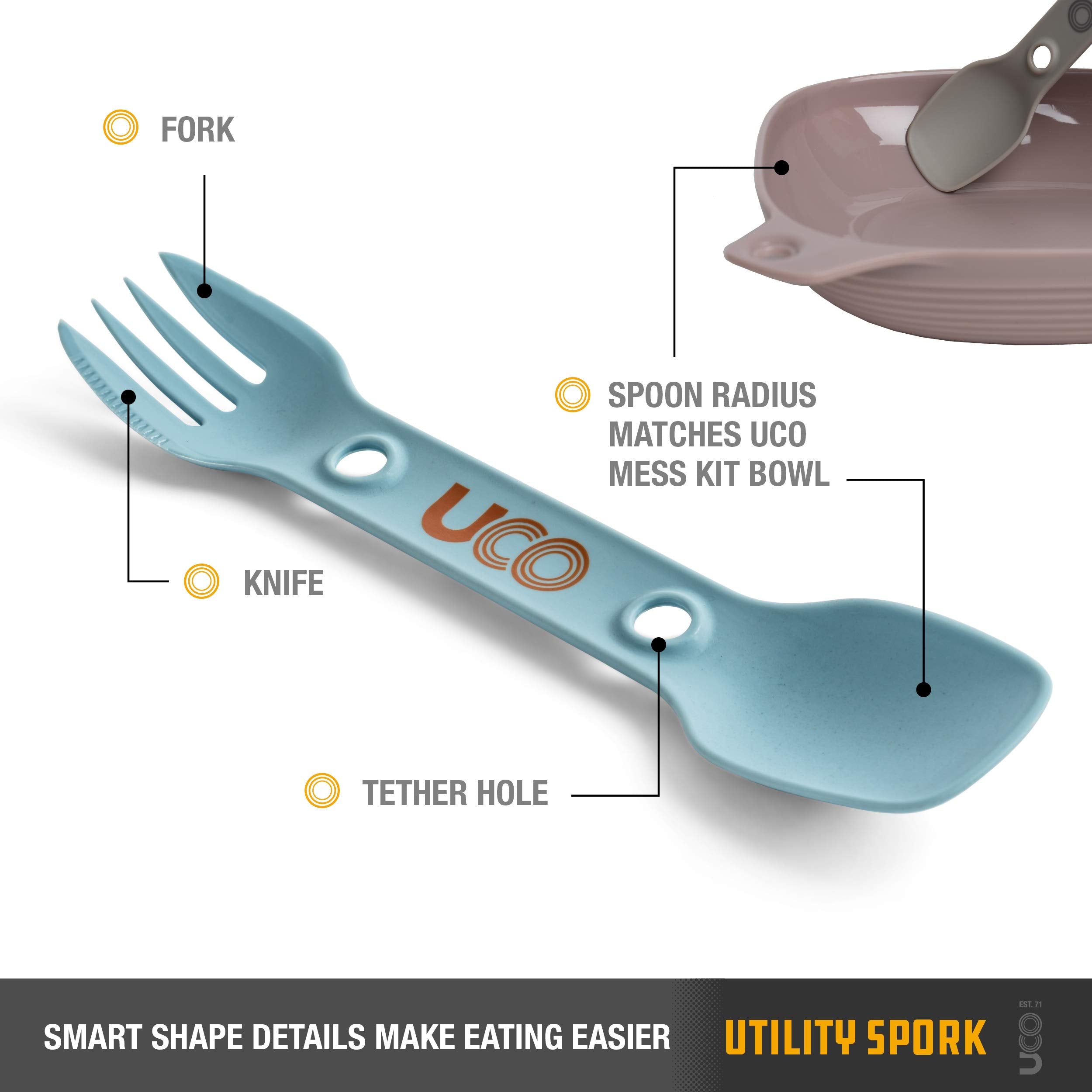 UCO spork attachment holes enable quick pack attachment and lightweight camping kit.