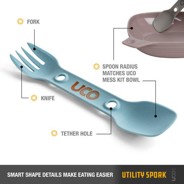 UCO spork attachment holes enable quick pack attachment and lightweight camping kit.