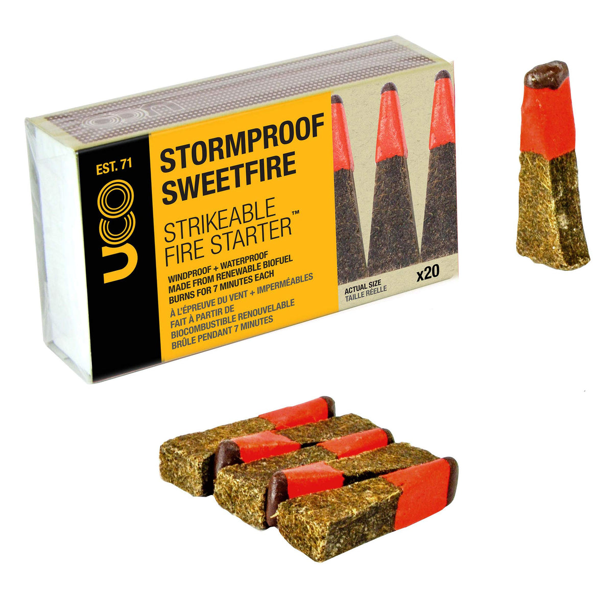 UCO Stormproof Sweetfire point tinder for quick starts in wet conditions.