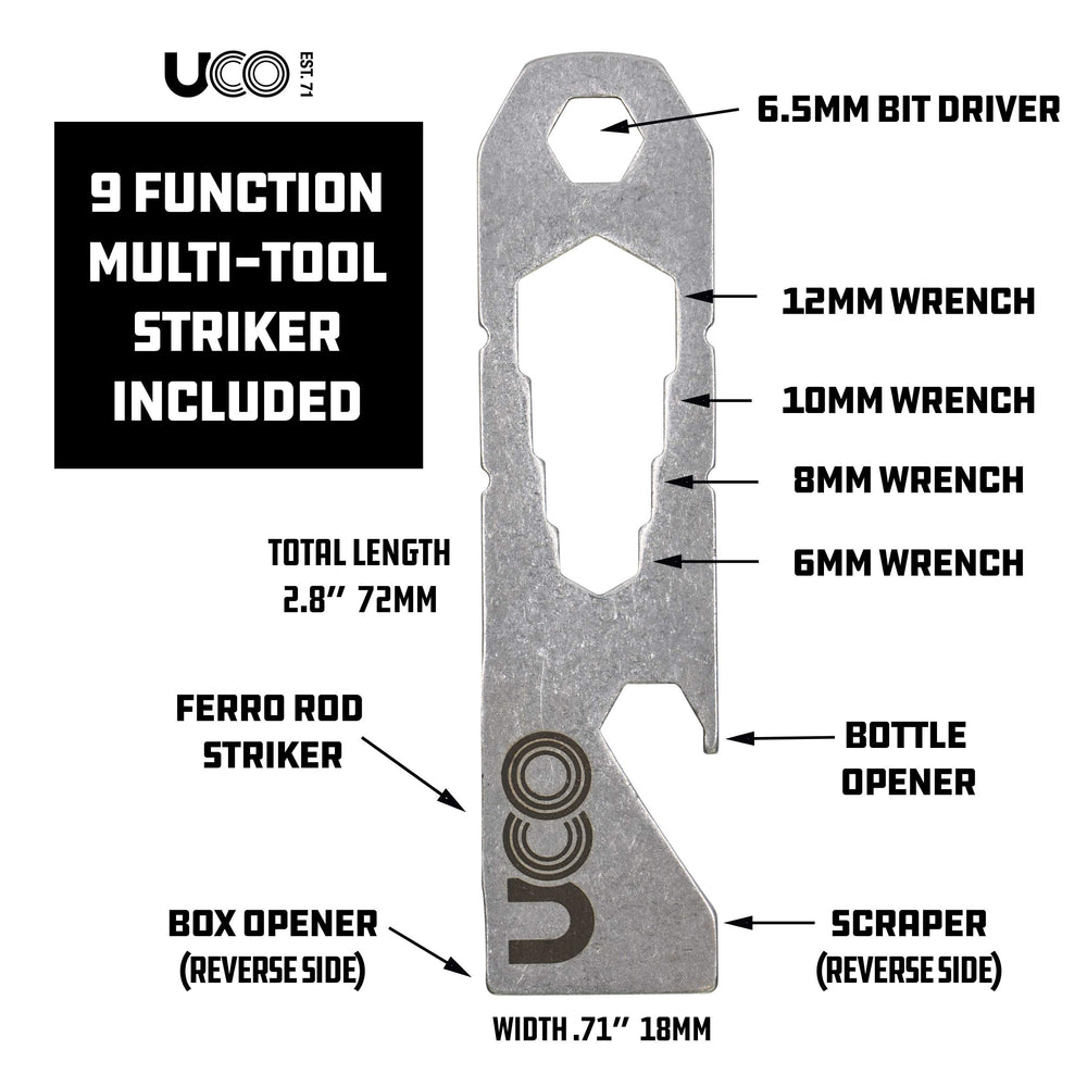 UCO multitool includes bottle opener for campsite tasks and quick meals.