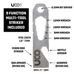 UCO multitool includes bottle opener for campsite tasks and quick meals.