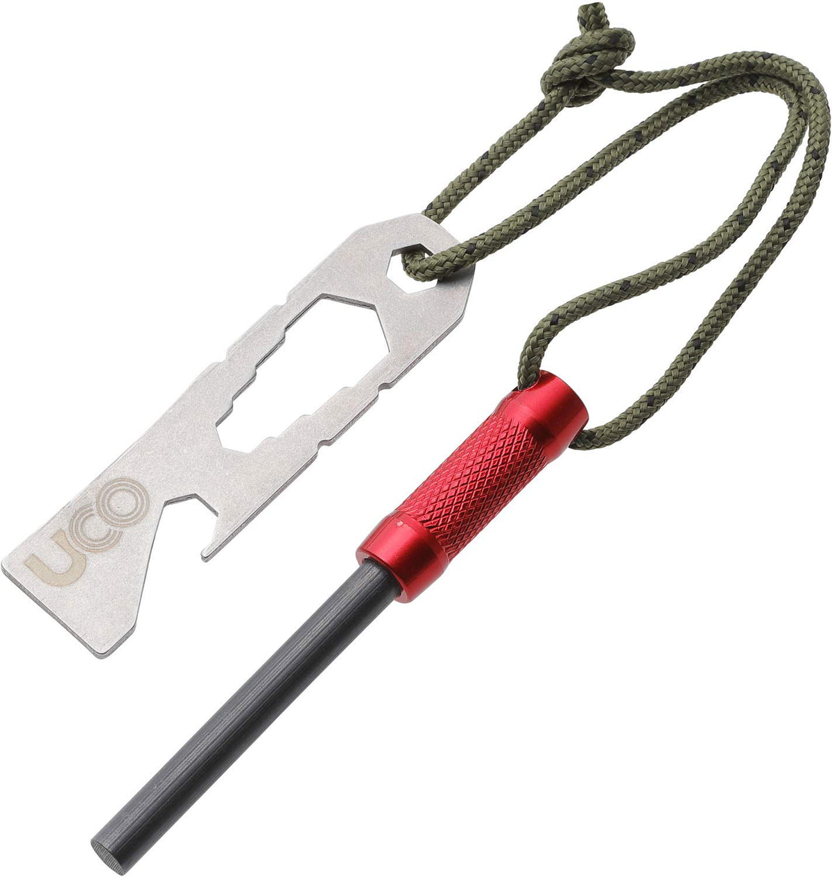UCO Survival Fire Striker with tethered multitool lights tinder in wet conditions.