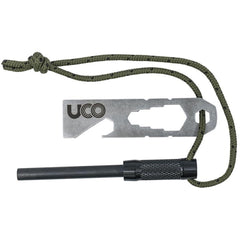 UCO Survival Fire Striker with Tether and Multitool lighting tinder in wet conditions.