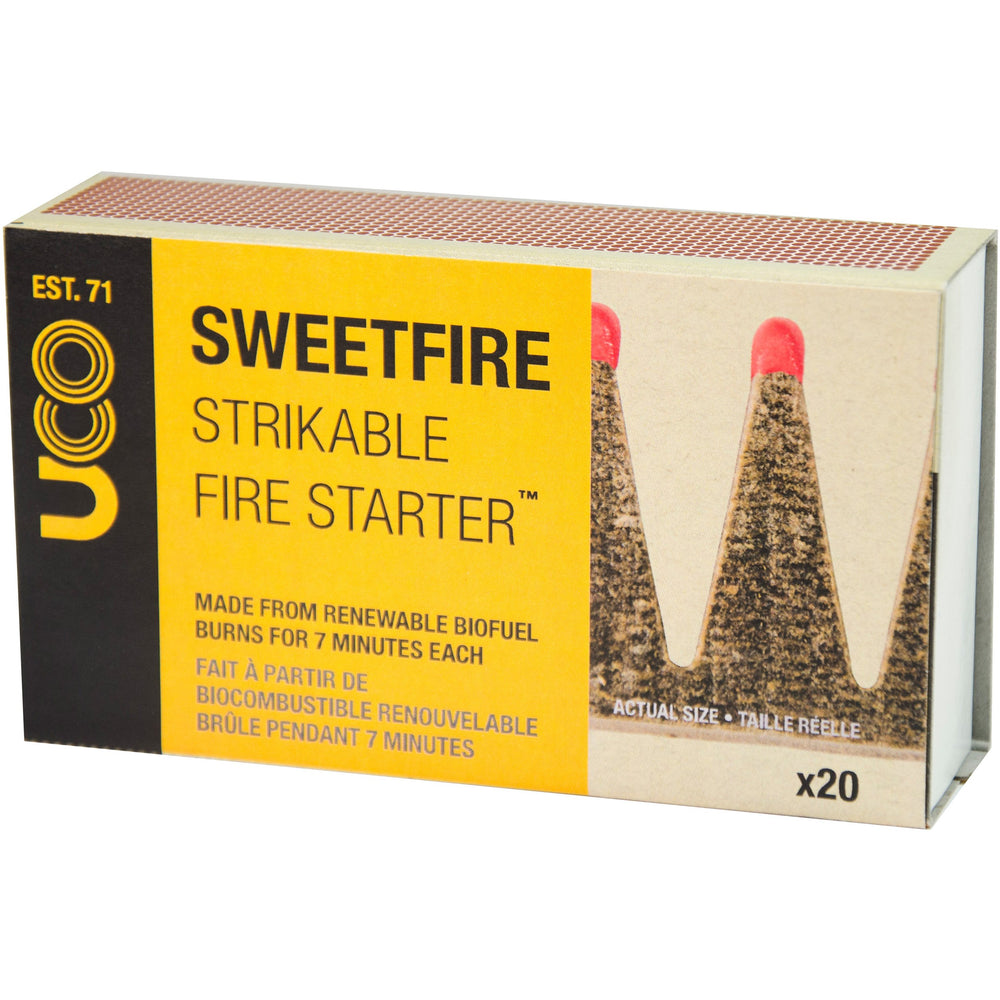 UCO Sweetfire tinder tab lit for quick campfire lighting