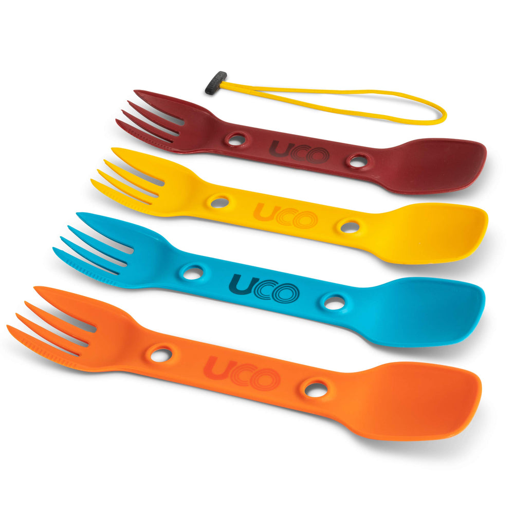 UCO 4-pack spork display for compact camping kits and easy meals.