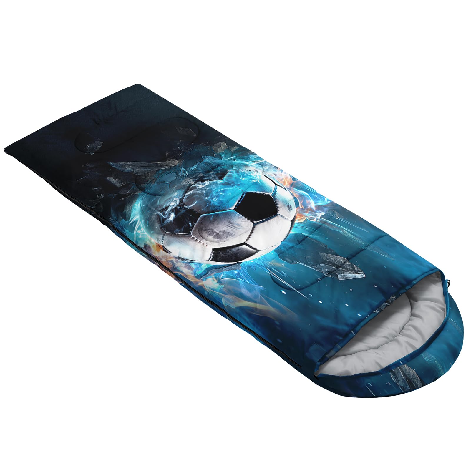 UEVBF football-pattern blue sleeping bag for sporty outdoor adventures.
