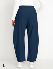 Ugerlov barrel ankle pants blue elastic waist close-up shows easy adjustable fit.