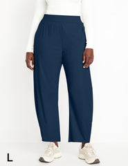Ugerlov barrel ankle pants blue fabric close-up emphasizes lightweight, moisture-wicking comfort.
