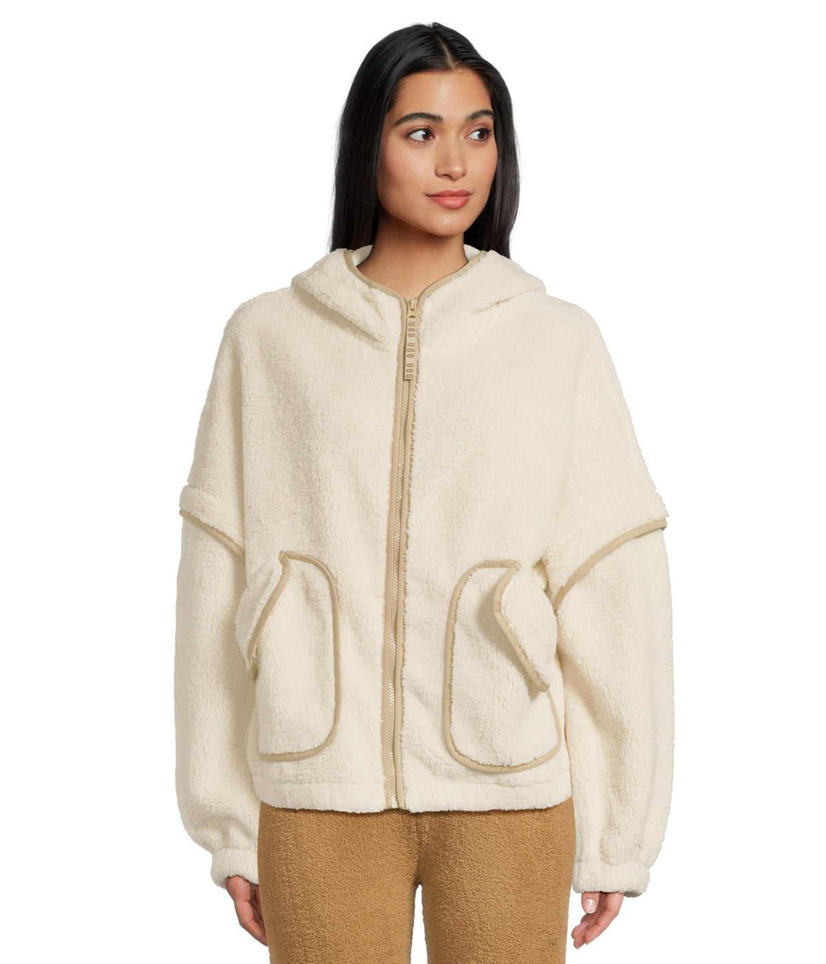 UGG Mariella Uggfluff zip hoodie coat front view in cream for chilly commutes