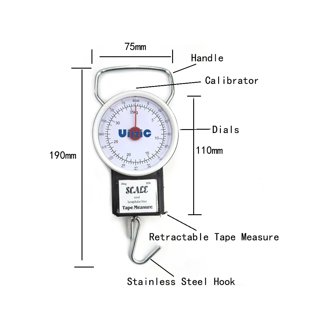 Analog display close-up showing 35 kg / 80 lb capacity
