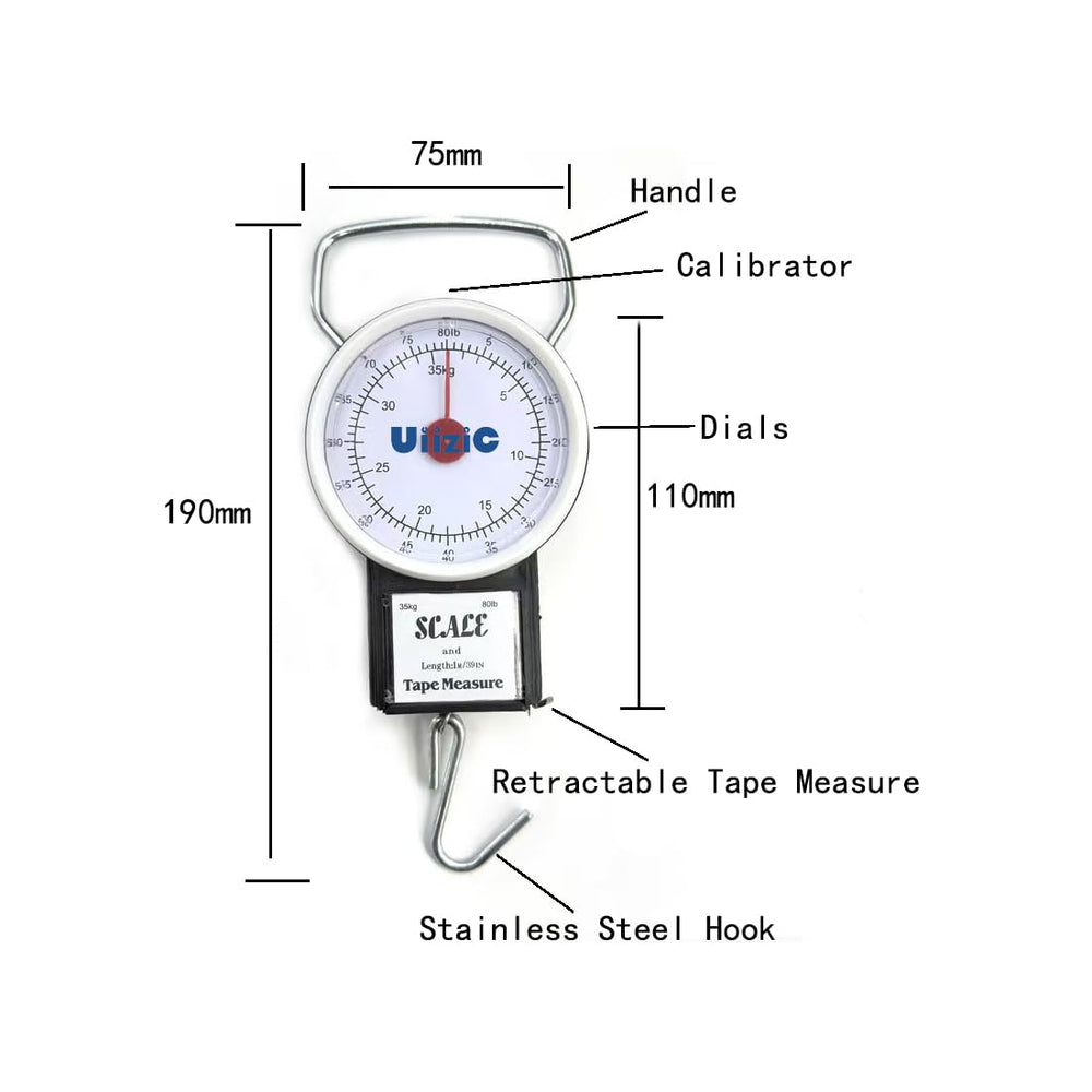 Analog display close-up showing 35 kg / 80 lb capacity