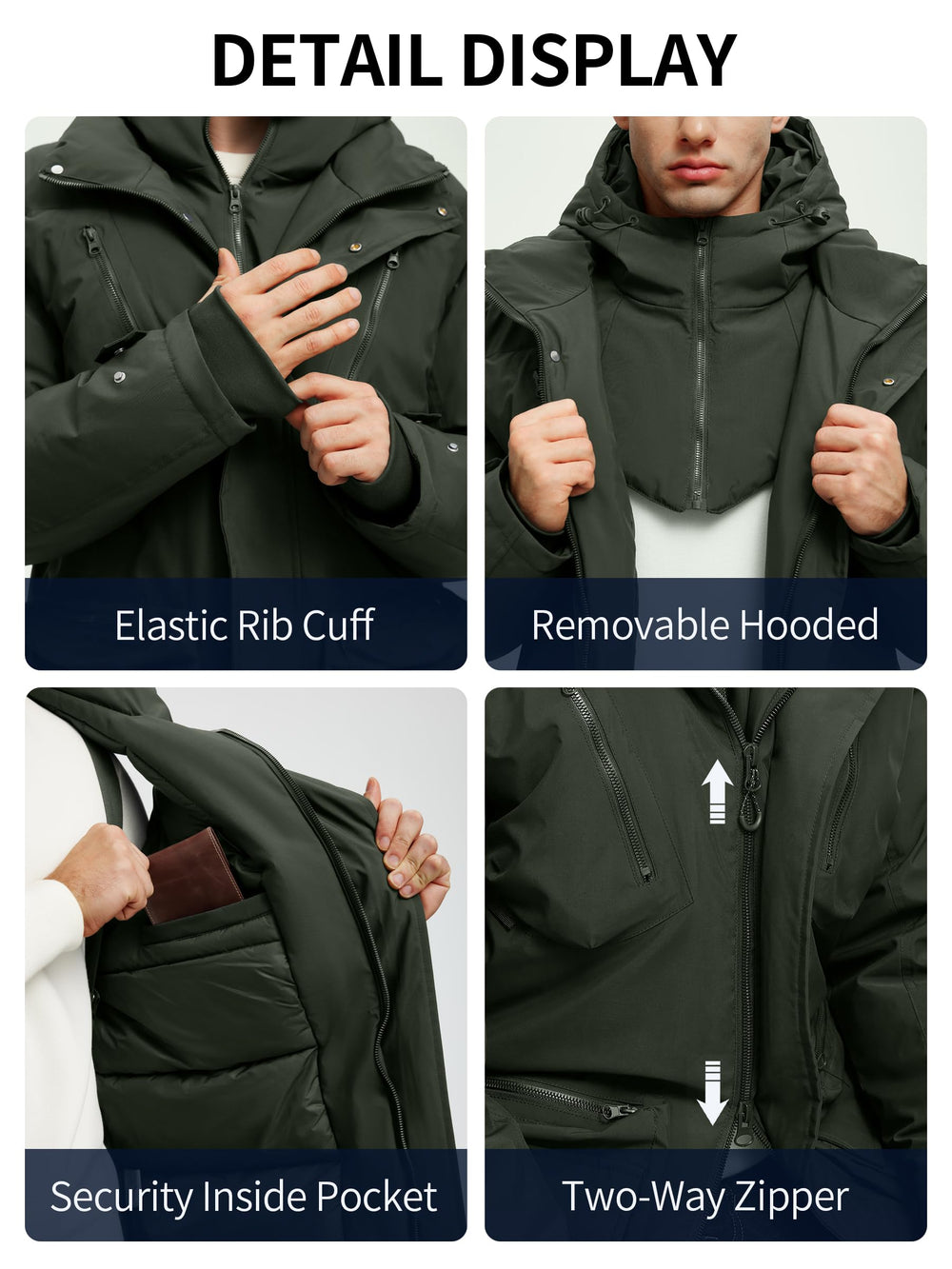 UIQUR adjustable hem and hood seal out wind for reliable warmth.