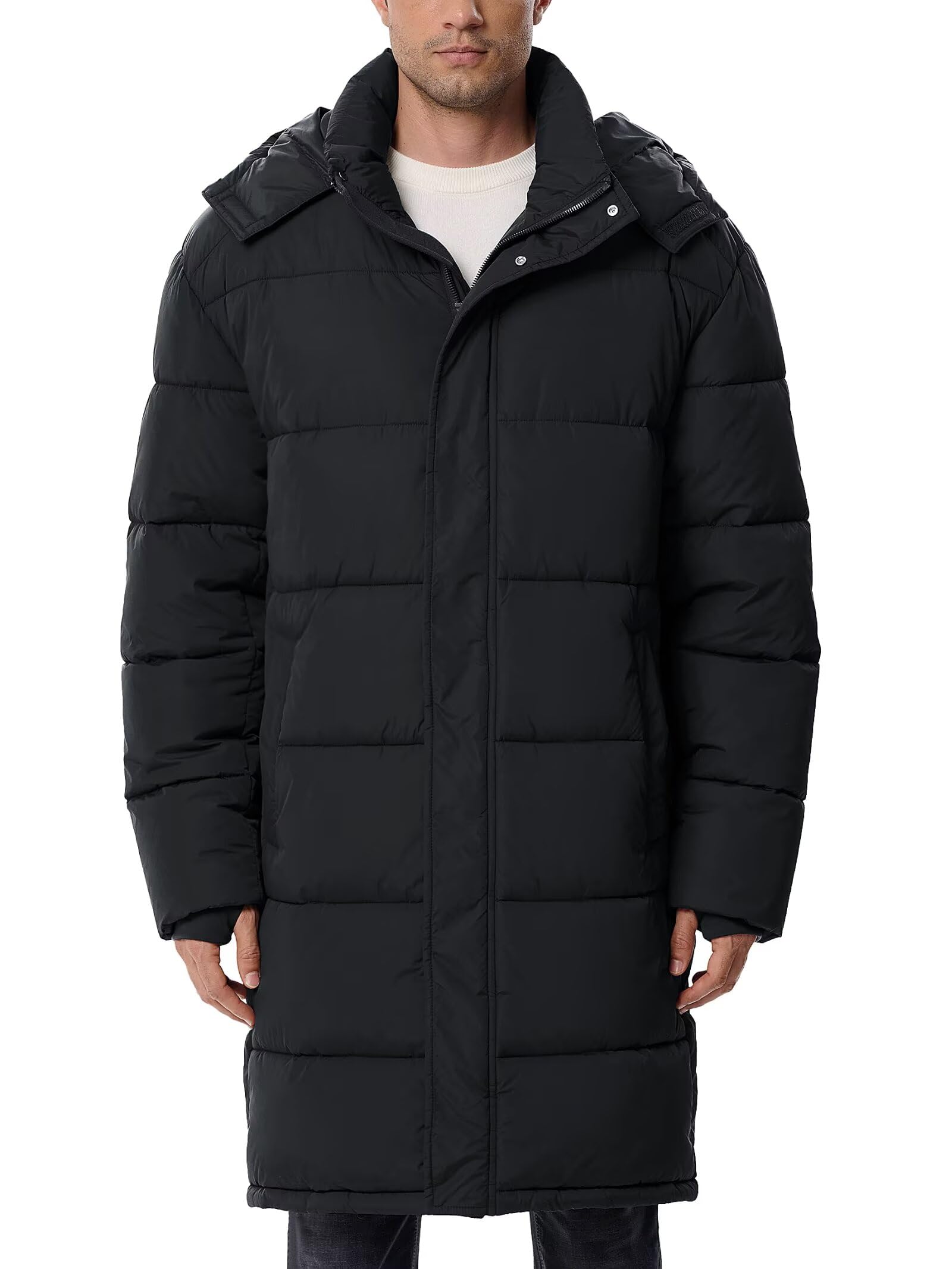 UIQUR men's lightweight long winter puffer front view showing slim warmth for daily commutes.