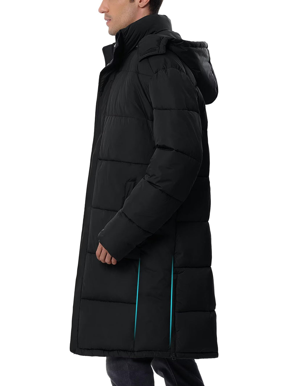 UIQUR puffer coat with side vents demonstrating flexible movement during errands.