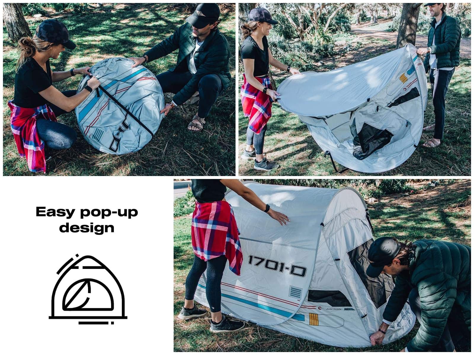 Ukonic Star Trek Justman tent with ground nails secures in wind.