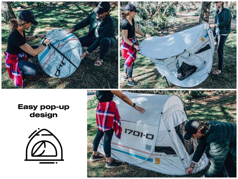 Ukonic Star Trek Justman tent with ground nails secures in wind.