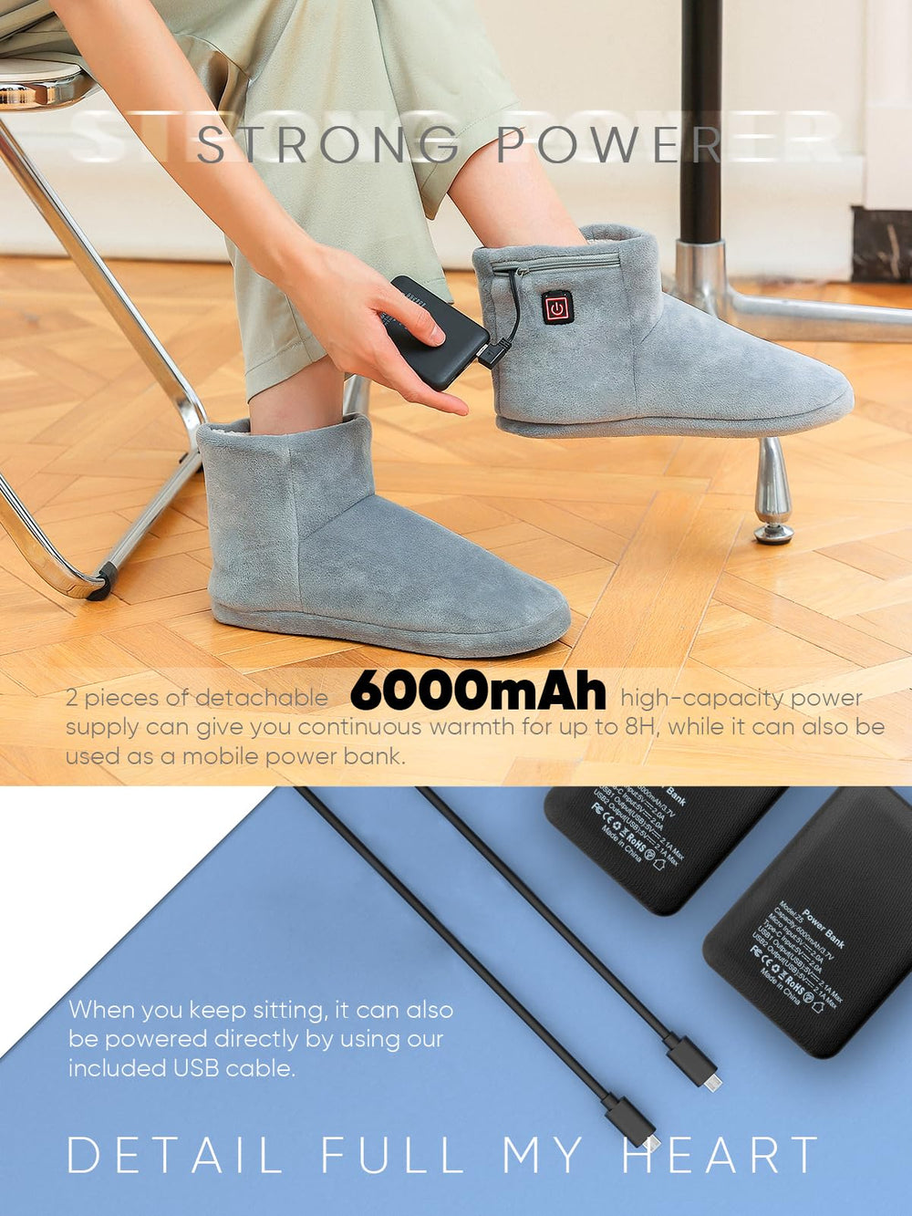 Ulefi Foot Warmer battery pack image highlights two 6000 mAh cells for extended heat.
